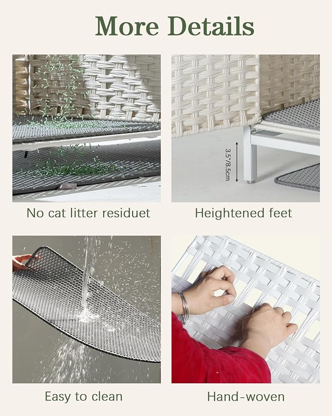 Cat Litter Box Enclosure Furniture with Divider, Handwoven Rattan Litter Box with Mat, 31.2 x 19.6 x 24.2 Inches, Metal Heightened Feet, Hidden Cat House for Living Room, Bedroom (White)-PawvioPets