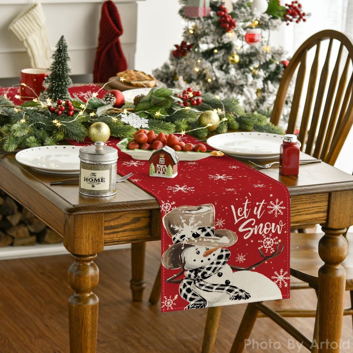 Artoid Mode Red Snowman Snowflake Let it Snow Winter Table Runner, Seasonal Christmas Kitchen Dining Table Decoration for Home Party Decor 13x72 Inch