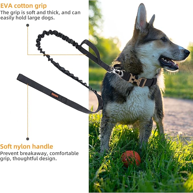 EXCELLENT ELITE SPANKER Tactical Bungee Dog Leash Military Adjustable Dog Leash Quick Release Elastic Leads Rope with 2 Control Handle(Black-PawvioPets
