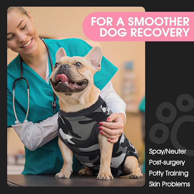 FUAMEY Dog Recovery Suit Male,Dogs Surgery Neuter Suits Puppy Spay Shirts for Female Protect Dog's Skin Anti Licking Abdominal Wounds Doggie Onesie Pet Bodysuit Alternative to Cone Grey Camouflage XS-PawvioPets