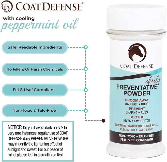 Coat Defense Daily Preventative Powder for Horses - Safe & Effective Equine Sweet Itch, Skin Funk, Scratches, & Rain Rot Treatment - Dry Shampoo for Horses, 8 oz Formula with All Natural Ingredients-PawvioPets