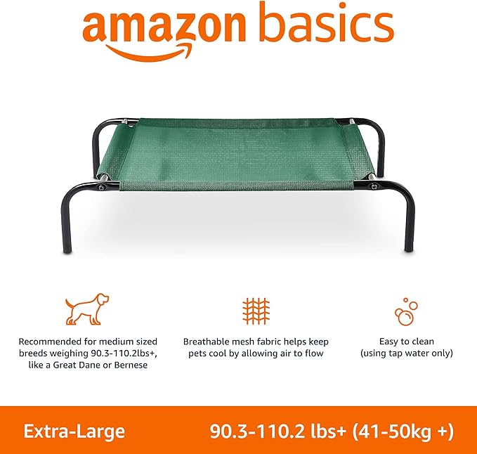 Amazon Basics Cooling Breathable Elevated Dog Bed with Durable Metal Frame, for Large Dogs, X-Large, 60 x 37 x 9 Inch, Green-PawvioPets