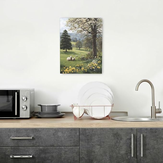 Country Sheep Canvas Wall Decor Farmhouse Rustic Lamb Wildflower Wall Art Nature Countryside Landscape Pictures Painting Print Framed Artwork Decorations for Bathroom Living Room Bedroom 12"x16"-PawvioPets