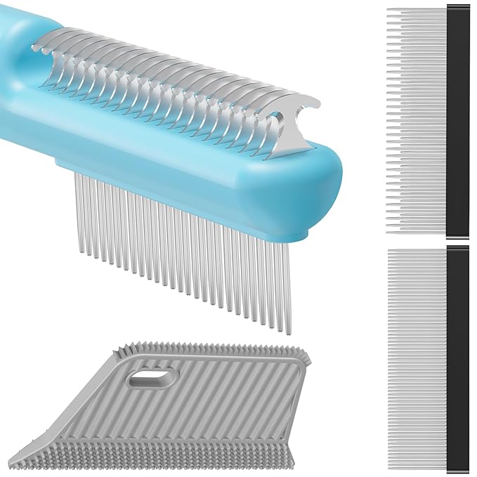 4 in-1 Pet Grooming Combo and Pet Hair Removal Soft Brush - Deshedding Dog Brush,Metal Comb for Cat and Dog,Dematting Comb,Matted Fur on Cats and Dogs-PawvioPets