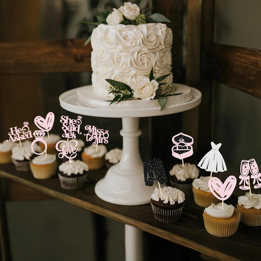 Gyufise 30Pcs She Said Yes Cupcake Toppers Glitter Diamond Ring I Do Love Cupcake Picks Miss to Mrs He Asked Bridal Shower Wedding Engagement Bachelorette Cake Decoration Light Pink