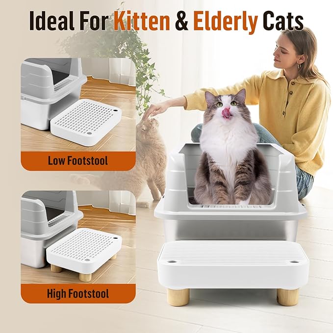 Cat Litter Box Step Ramp, Cat Litter Catcher Mat with Wooden Feet, Filter Function, Cat Pedal Stool for Self-Cleaning Cat Litter Box, Ideal for Kitten & Elderly Cats (White)-PawvioPets