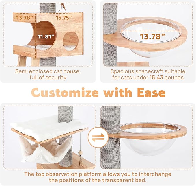 63-inch Modern Cat Tree, Luxury Cat Tower with Scratching Post, Unique Cat Condo with Hammock, Heavy Duty Kitty Climbing Tree for Indoor Cat, Wooden Kitty House for Small Medium Large Cats-PawvioPets