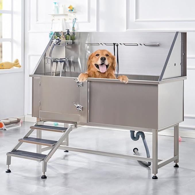 Albott 60 Inch Stainless Steel Dog Washing Station with Anti-Slip Steps, Sprayer, Faucet, Soap Box, Tow Rope – Professional Pet Bathtub for Large Pets, Ideal for Home, Garage, and Grooming(Left)-PawvioPets
