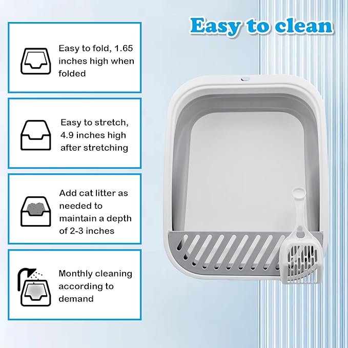 Collapsible Cat Litter Box,Open Potty Pan Cat Toilet Foldable Portable Cats Litter Box Travel Litter with Scoop,Waterproof Low Entrance for Kitten and Cat Toilet Easy Clean 17.7"×13.4"x4.9"(Grey)-PawvioPets