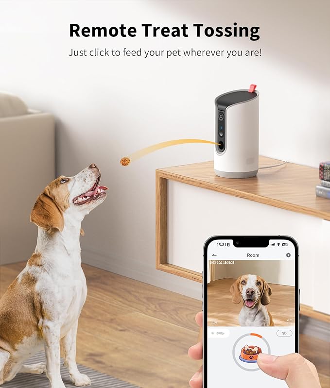 2K Pet Camera Treat Dispenser, 360°View Dog Camera with Phone App, 5G&2.4G WiFi 2-Way Talk Pet Cam Indoor for Cats Remote Treat Tossing, Motion Alerts, Auto Tracking-PawvioPets