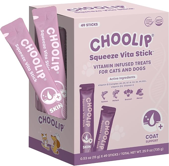 Grab & Go Squeeze Vita Stick Lickable Treats for Dogs & Cats. 49 Coat Support Sticks with Essential multivitamins. Soft and Tasty Paste for All Life Stages, Supporting Coat Health-PawvioPets
