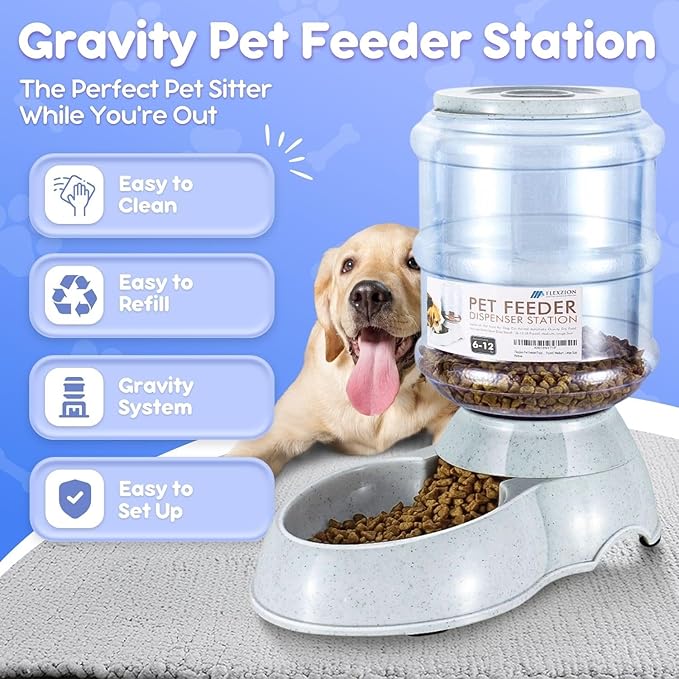 Flexzion Gravity Pet Feeder Food Dispenser (6-12 lb Size) Automatic Replenish Dry Food Storage Container Bowl for Small Medium Breed Dog Cat Animal Feeding Watering Fountain Supplies-PawvioPets