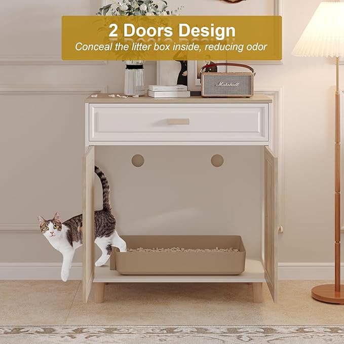 Cat Litter Box Enclosure Furniture Hidden Indoor 2-in-1 Wooden Cat House & Washroom Cabinet with Scratching Board Doors and Drawer, 31.5"x15.7"x34.6"H-PawvioPets