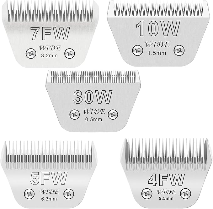 5PCS Wide Blades for Dog Grooming Blades Compatible with Andis Dog Clippers,Size #10W+30W+4FW+5FW+7FW Dog Clipper Blades Compatible with Oster A5,Wahl km10 Dog Clippers,Stainless-Steel Blade Sharp-PawvioPets