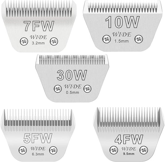 5PCS Wide Blades for Dog Grooming Blades Compatible with Andis Dog Clippers,Size #10W+30W+4FW+5FW+7FW Dog Clipper Blades Compatible with Oster A5,Wahl km10 Dog Clippers,Stainless-Steel Blade Sharp-PawvioPets