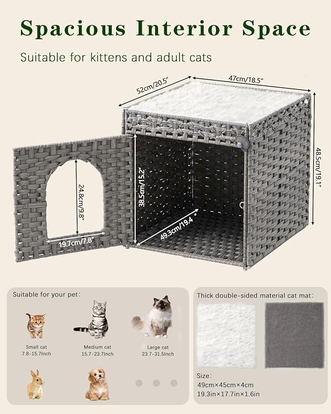 Cat Beds for Indoor Cats Extra Large Double Cat Cave Pet Cube, Handwoven Rattan Cat Houses with Double-Sided Soft Cushions, 18.5 x 20.5 x 19.1 Inches Foldable Hideaway in Living Room Gray-PawvioPets