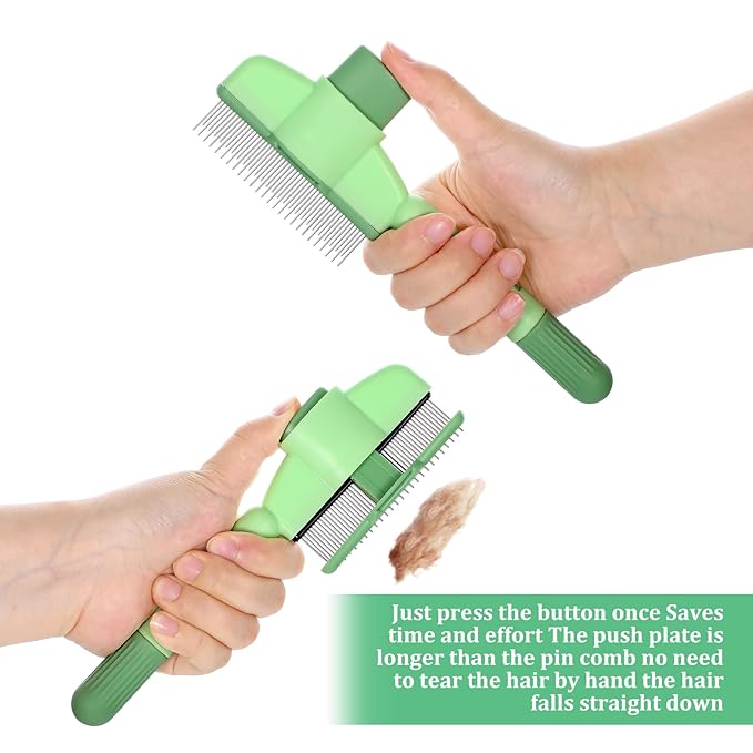 Flea Comb for Cats Dogs Brush for Shedding with Release Button Fine Tooth Pet Hair Removal Comb with Long & Short Stainless Steel Teeth for Deshedding Self-Cleaning Brush for Cat Dog Small Pets-PawvioPets