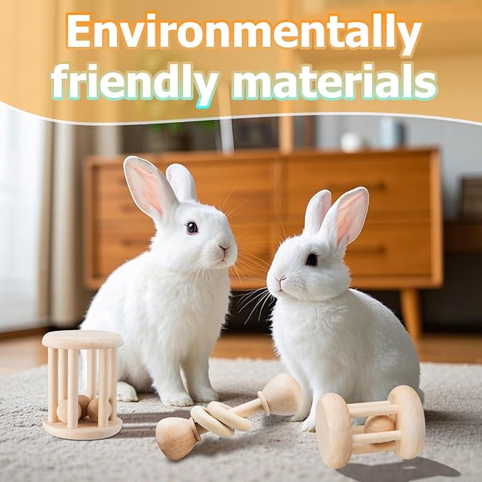 3 Pcs Natural Wooden Bunny Toys, Safe Rabbit Toys for Guinea Pig Chinchillas Hamsters Small Animals Playing Teeth Grinding Indoor Outdoor-PawvioPets