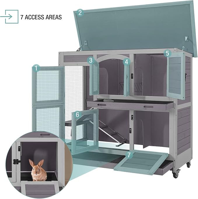 2-Tier Indoor Rabbit Hutch Bunny House Guinea Pig Cage with Sliding Plastic Trays, Wheels & Ramp, 47.2" Multi-Door Wooden Small Animal Cage for Rabbits, Bunnies, and Guinea Pigs (Grey)-PawvioPets