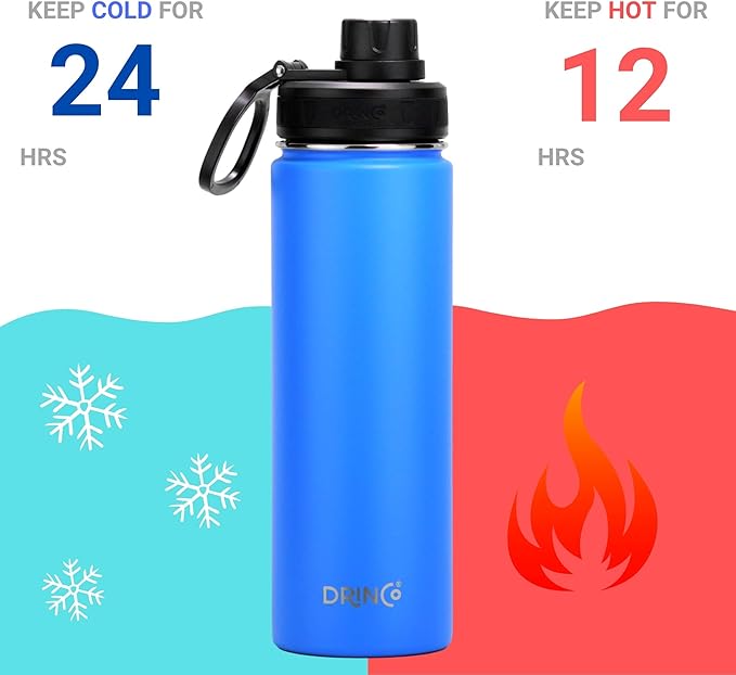 DRINCO Stainless Steel Water Bottle Spout Lid Vacuum Insulated Double Wall Water Bottle Wide Mouth (40oz 32oz 22oz 18oz 14oz) Leak Proof Keeps Cold or Hot (22 oz, 22oz Royal Blue)-PawvioPets