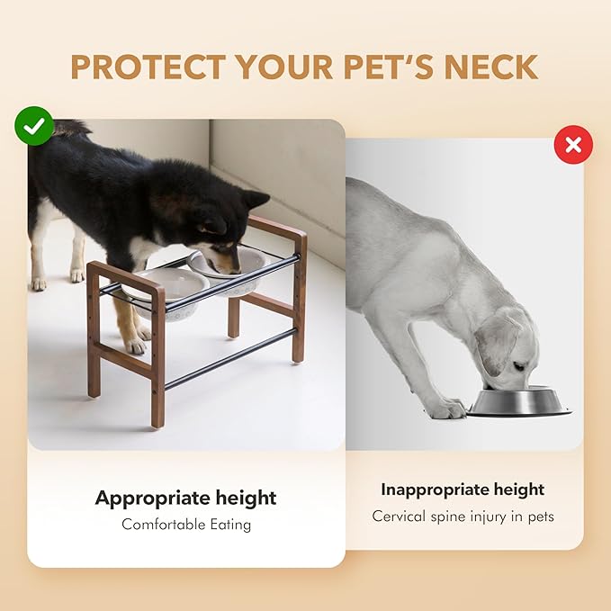 7.1inch Ceramic Adjustable Raised Double Bowls Set with Stand, 3 Heights Elevated, 2 Placement Options,Food and Water Bowls for Medium and Large Dog(Reactived Glaze -White)-PawvioPets