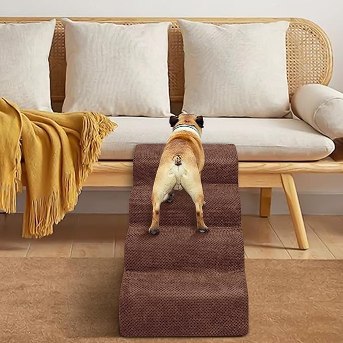 Dog Stairs for Small Dogs - High Density Foam Pet Steps, Extra Wide Dog Ramp with Non-Slip Bottom for High Beds, Couch and Sofa, Best for Dogs Injured, Older Doggy Cats,4 Steps, Brown-PawvioPets