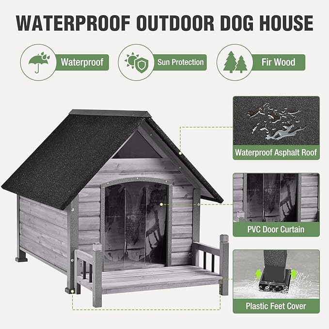 Dog House Outdoor with Anti-Chewing Iron Frame, Weatherproof Dog Kennel for Small Medium Large Dogs Indoor (Grey, 45" x 32.9" x 32.6")-PawvioPets