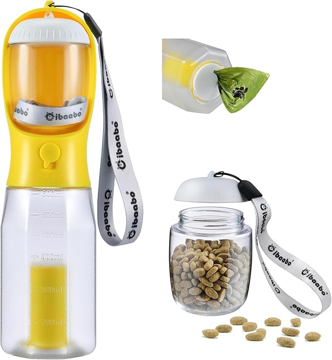 Dog Water Bottle with Food Container & Poop Bag Holder, Travel Water Bowl, Portable Pet Dispenser, Dog Stuff Accessories Items, Puppy Essentials Necessities for Yorkie Chihuahua Walking Hiking-PawvioPets
