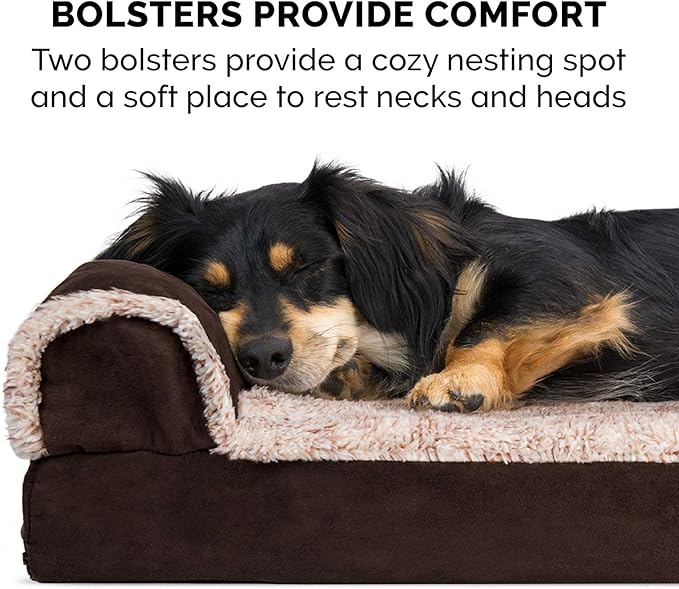 Furhaven Cooling Gel Dog Bed for Large/Medium Dogs w/ Removable Bolsters & Washable Cover, For Dogs Up to 55 lbs - Two-Tone Plush Faux Fur & Suede L Shaped Chaise - Espresso, Large-PawvioPets