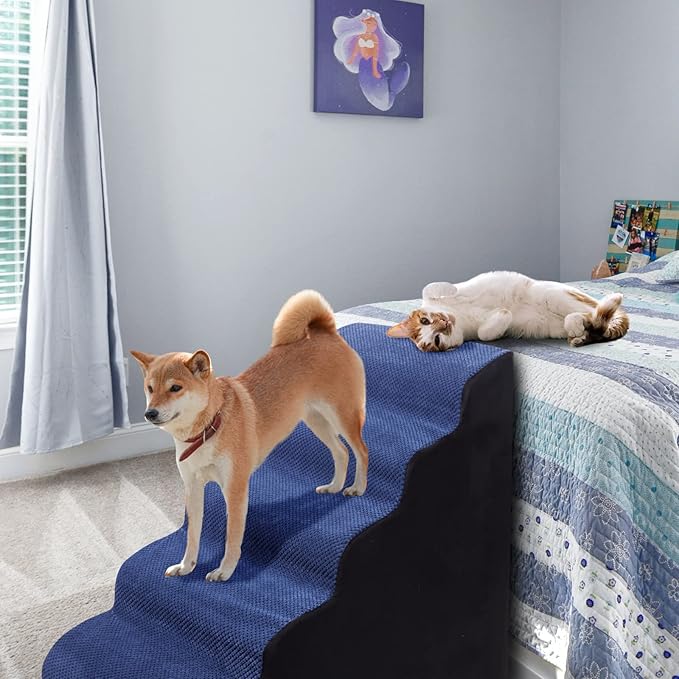 Dog Stairs&Steps for High Beds Up to 28'', 5-Step Dog Ramp for Small Medium Dogs with Washable Cover, Pet Steps for Cats to Get on Couch and Sofa, Durable Foam Ladders, 24.4" Tall, Blue-PawvioPets