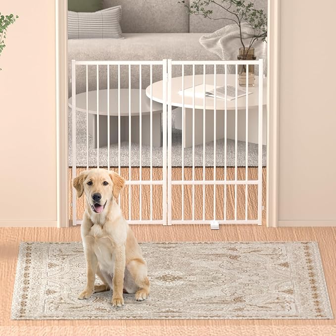 Full Metal Freestanding Dog Gate with Door, 36''Height Foldable Pet Dog Fence for Indoor & Outdoor, 2 Panels Extra Wide Free Standing TallDog Gates for Doorways,House,Stairs,Porch,Deck,Yard-PawvioPets