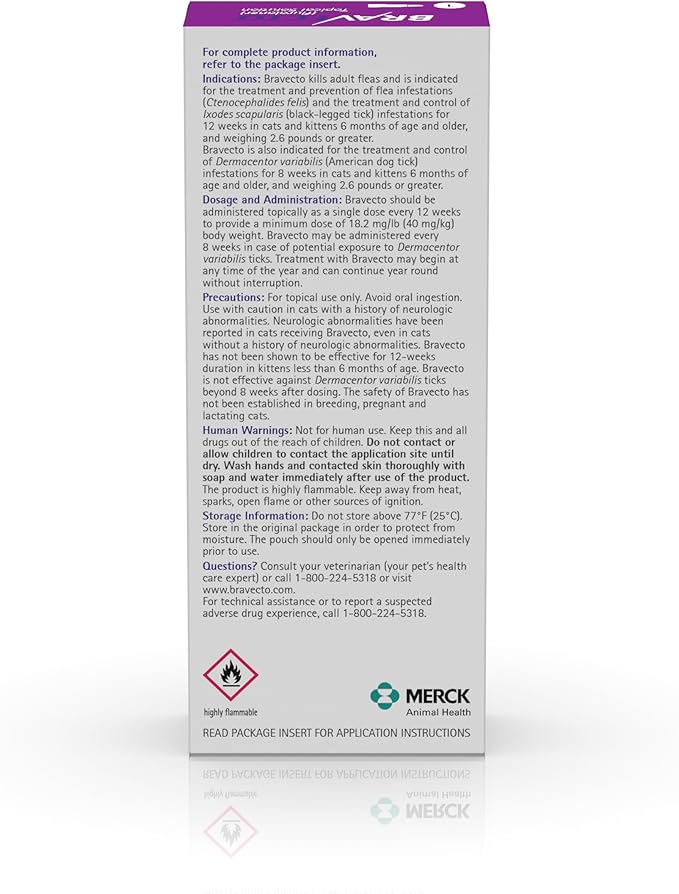 BRAVECTO Topical Solution for Cats, Flea & Tick, 12 Week Supply, >13.8-27.5 lbs., Purple Box-PawvioPets