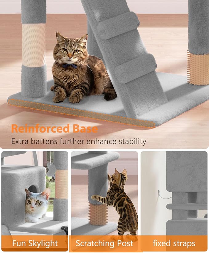 54" Cat Tree Tower for Indoor Cats Large Adult,Cute/Tall Modern Cat Tree for Big Cats 20 lbs, Plush Multi-Level Cat Condo with Scratching Posts, Dangling Ball for Fun (Light Gray, 54 inch)-PawvioPets