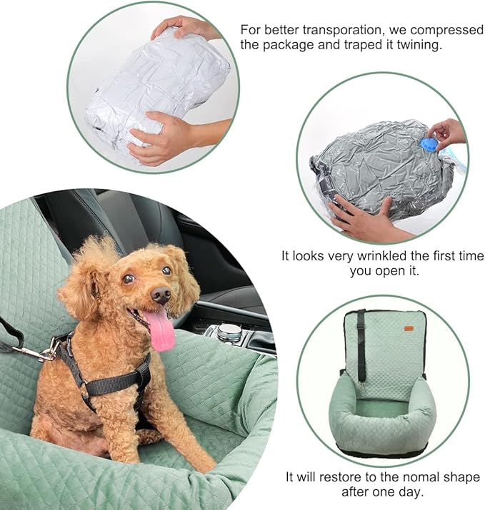 Dog Car Seat for Small Medium Dogs Up to 40lbs, Detachable Washable Soft Pet Booster Travel Bed for Front & Green Seat with Safety Leash Belt-PawvioPets