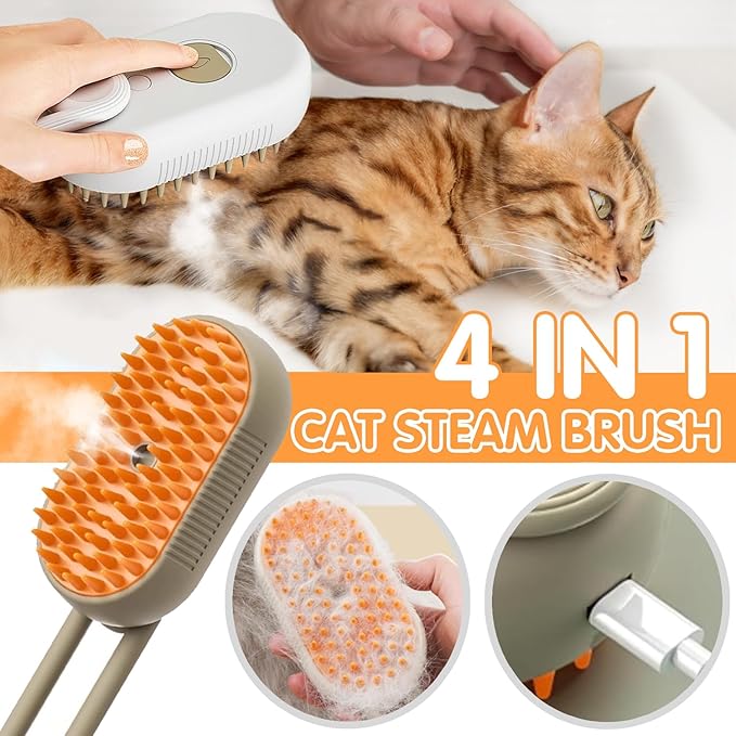 4 in 1 Cat Steam Brush for Shedding, Rechargeable Steam Cat Brush With Rotating Handle, for Massaging and Cleaning Shedding Pet Hair, for Cats Dogs (White)-PawvioPets