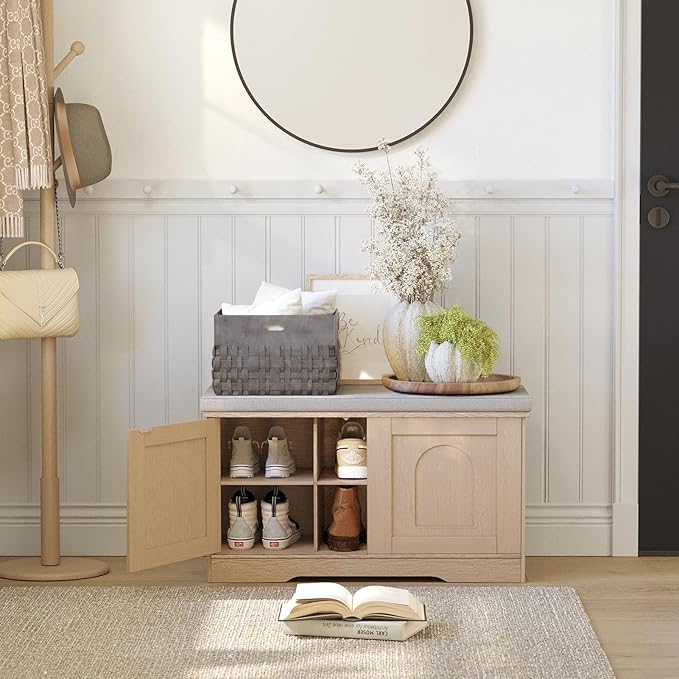 DINZI LVJ Shoe Bench, Entryway Storage Bench with Doors, Cushion, 2-Tier Shoe Rack with 6-Cubby, 31.5”L x 13.8”W Shoe Organizer Cabinet, Adjustable Shelf, Living Room, Bedroom, Natural-PawvioPets