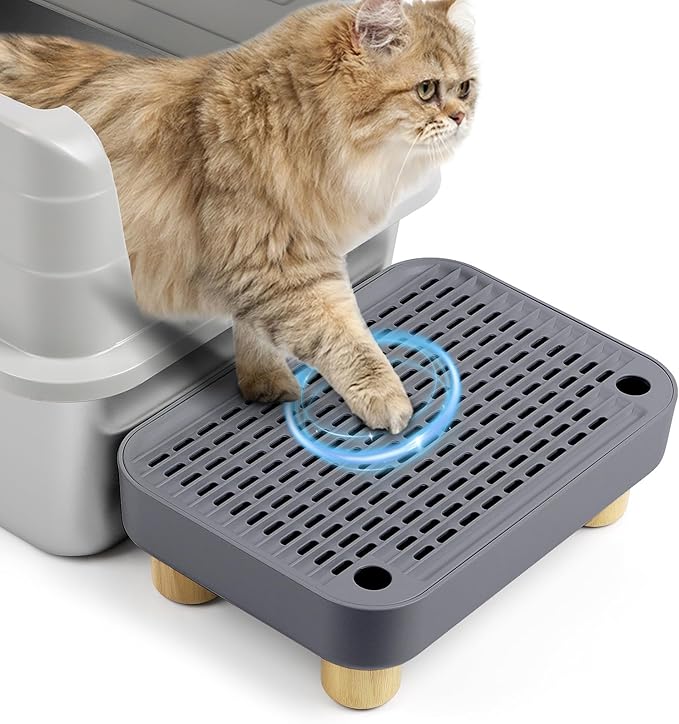 Cat Litter Box Step Ramp, Cat Litter Catcher Mat with Wooden Feet, Filter Function, Cat Pedal Stool for Self-Cleaning Cat Litter Box, Ideal for Kitten & Elderly Cats (Dark Grey)-PawvioPets