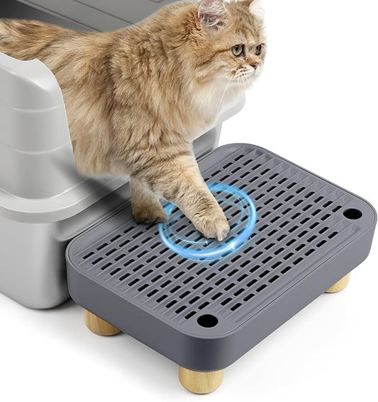 Cat Litter Box Step Ramp, Cat Litter Catcher Mat with Wooden Feet, Filter Function, Cat Pedal Stool for Self-Cleaning Cat Litter Box, Ideal for Kitten & Elderly Cats (Dark Grey)-PawvioPets