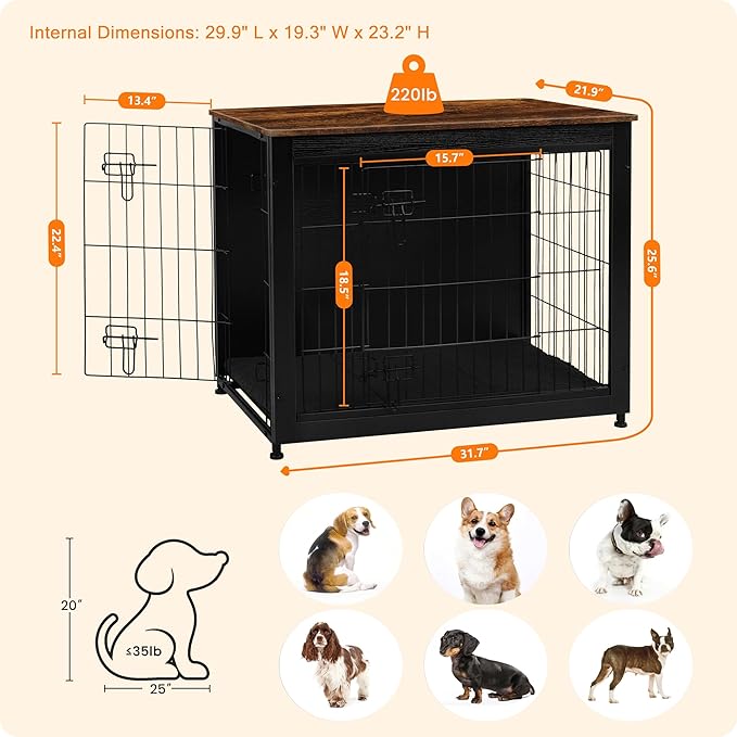 DWANTON Dog Crate Furniture with Cushion, Wooden Kennel Table with Double Doors, Indoor Dog House, Medium Size, 32.5" L, Black+Rustic Brown-PawvioPets