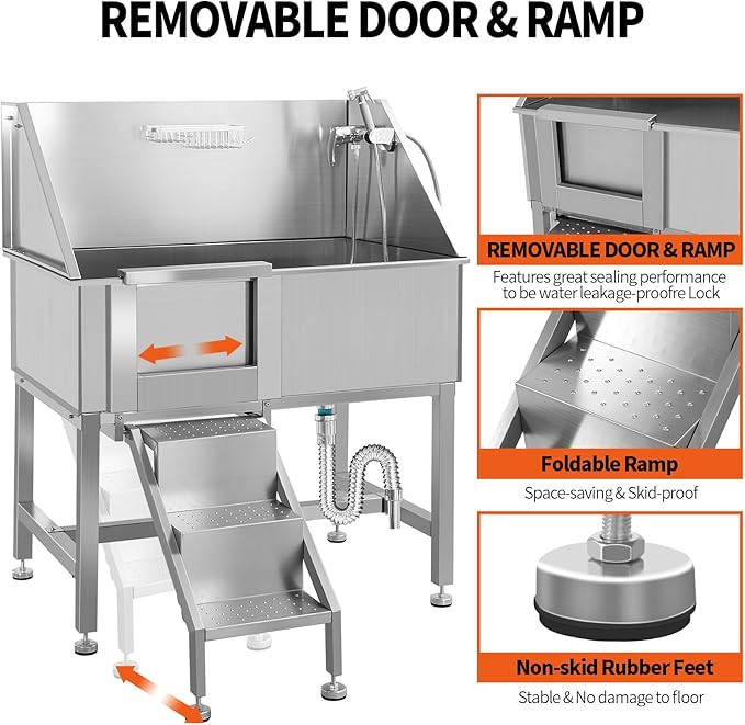 38 Inch Dog Bathing Station for Large Dogs, Stainless Steel Dog Pet Washing Station, Professional Dog Grooming Tub, Pet Wash Bath Station,Left Door-PawvioPets