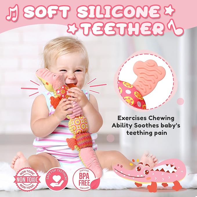 Baby Toys 0 to 12 Months, Musical Stuffed Animal Activity Soft Toys with Multi-Sensory Crinkle, Rattle and Textures,Infant Tummy Time Toys for Newborn Boys Girls, Crocodile, Pink-PawvioPets
