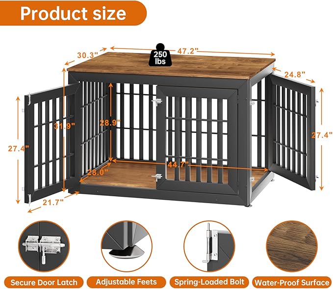 48" Heavy Duty Dog Crate Furniture for Small,Medium and Large Dogs,Rustic Wooden Dog Cage Kennel Indoor Furniture with Waterproof Top,Decorative Pet House Side End Table (Black & Wood)-PawvioPets
