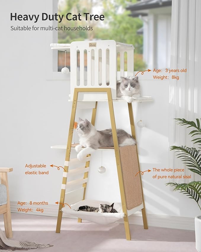FourFurPets Modern Cat Tree, 58-Inch Cat Tower for Large Cats, Maine Coon Cat Tree with Scratching Board, Large Perch, Hammock and Removable Pads, White-PawvioPets
