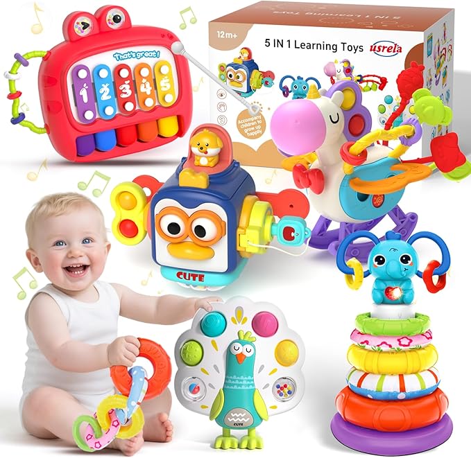 5 in 1 Baby Toy for 12 18 Month, Learning Toys for Babies 12-18 Months, Baby Busy Cube, Stacking&Sensory, Pull String&Piano Xylophone Toy, Birthday Gift for 12+ Month-PawvioPets