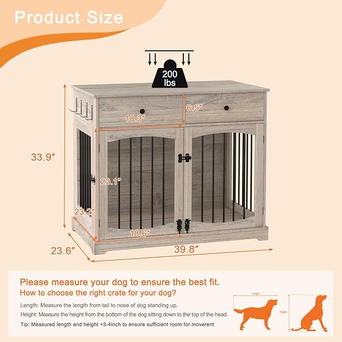 BREEZEHEAT 40 inch Dog Crate Furniture-Farmhouse Dog Kennel with Drawers-End Table Wooden Pet Crate, Double Door Design, Decorative Dog House Indoor for Small Medium Large Dog, Oak Grey-PawvioPets