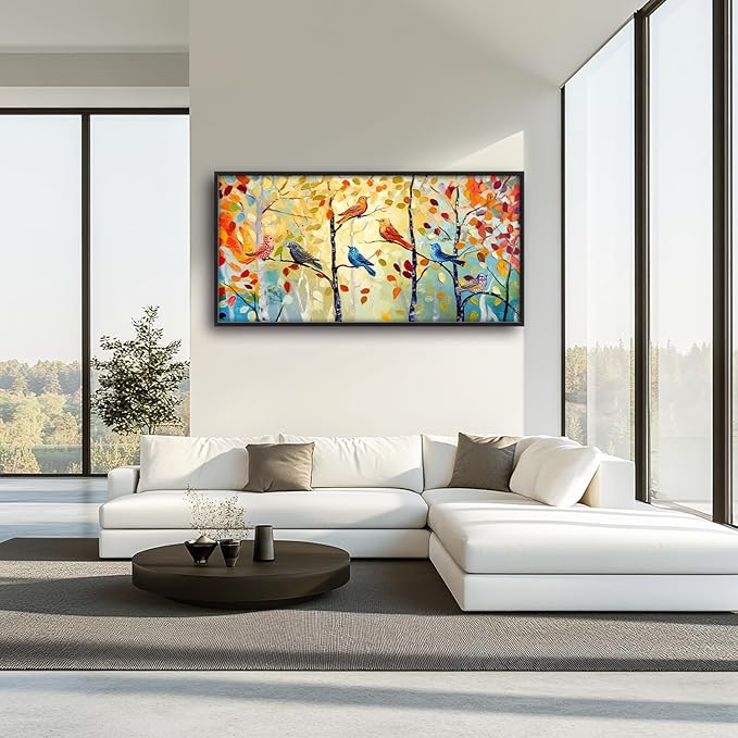 Extra Large Framed Abstract Bird Forest Wall Art,Colorful Birds Birch Tree Wall Decor Pictures for Living Room,Canvas Print Painting Modern Artwork Bedroom Office Bathroom Home Decor 60L x 30W-PawvioPets