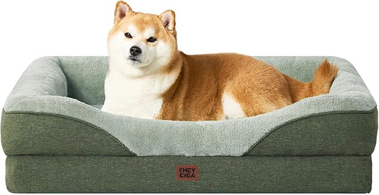 EHEYCIGA Memory Foam Dog Bed for Large Sized, Orthopedic Dog Sofa with Sides and Waterproof Liner, Washable Bolster Pet Couch with Removable Cover, 36x27x7 Inch, Green-PawvioPets