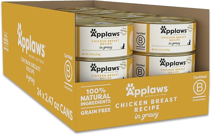 Applaws Natural Wet Cat Food in Gravy, Limited Ingredient Canned Wet Cat Food, No Additives, Made with Natural Ingredients, Chicken Breast in Gravy (24 x 2.47oz Cans)-PawvioPets