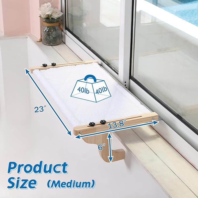 Easy Seat Cat Perch for Window Sill - Hammock Design w/Pine Wood & Robust Metal Frame - Cat Window Seat for Large Cats and Kittens (Natural Color Wood w/White Bed, Medium (23''W x 14''D))-PawvioPets