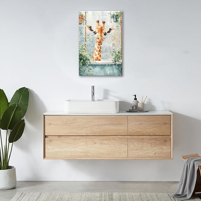 Bathroom Funny Giraffe Pictures Wall Art, Watercolor Giraffe Bathroom Wall Decor, Animal Framed Painting Canvas Artwork for Living Room Decorations 24"L x 16"W-PawvioPets